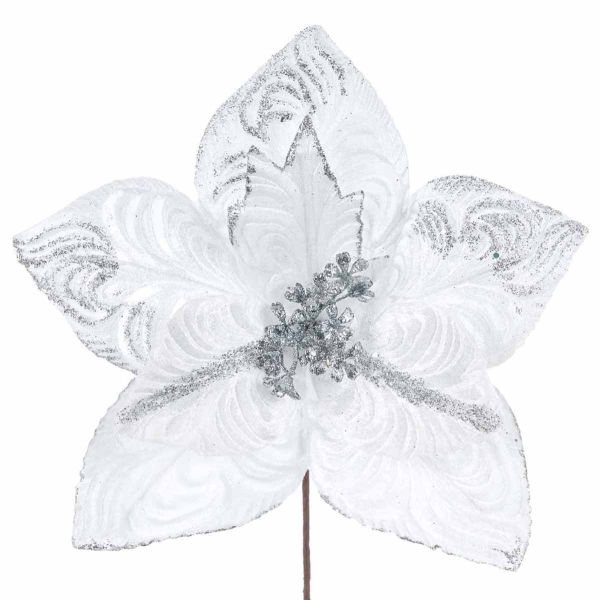 Fiore di Natale bianco con glitter argento Fantaisie de Glace 30 cm