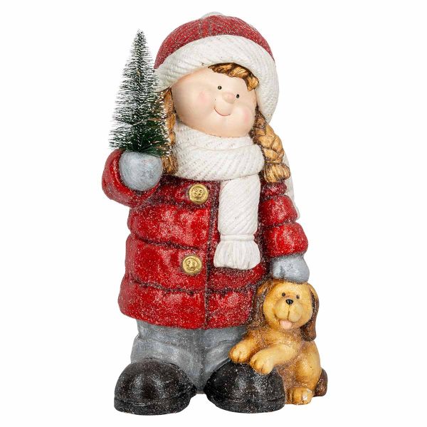 Bambina in rosso con abete e cagnolino Esels 40 cm