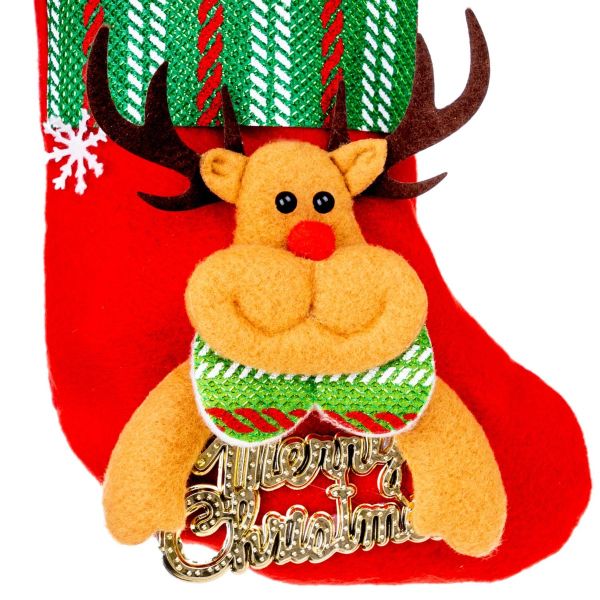 Calza di Natale rossa e verde Merry Christmas Reindeer 16 cm